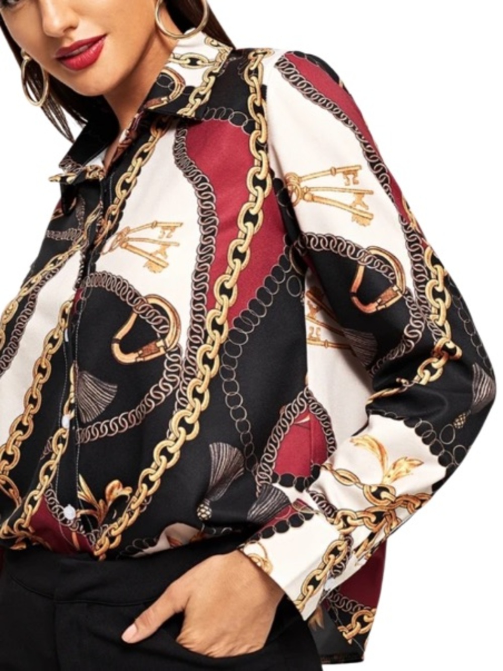 Yonda Chain Printed Long Sleeve Button down blouse. Size L. Elegant. - Picture 4 of 4